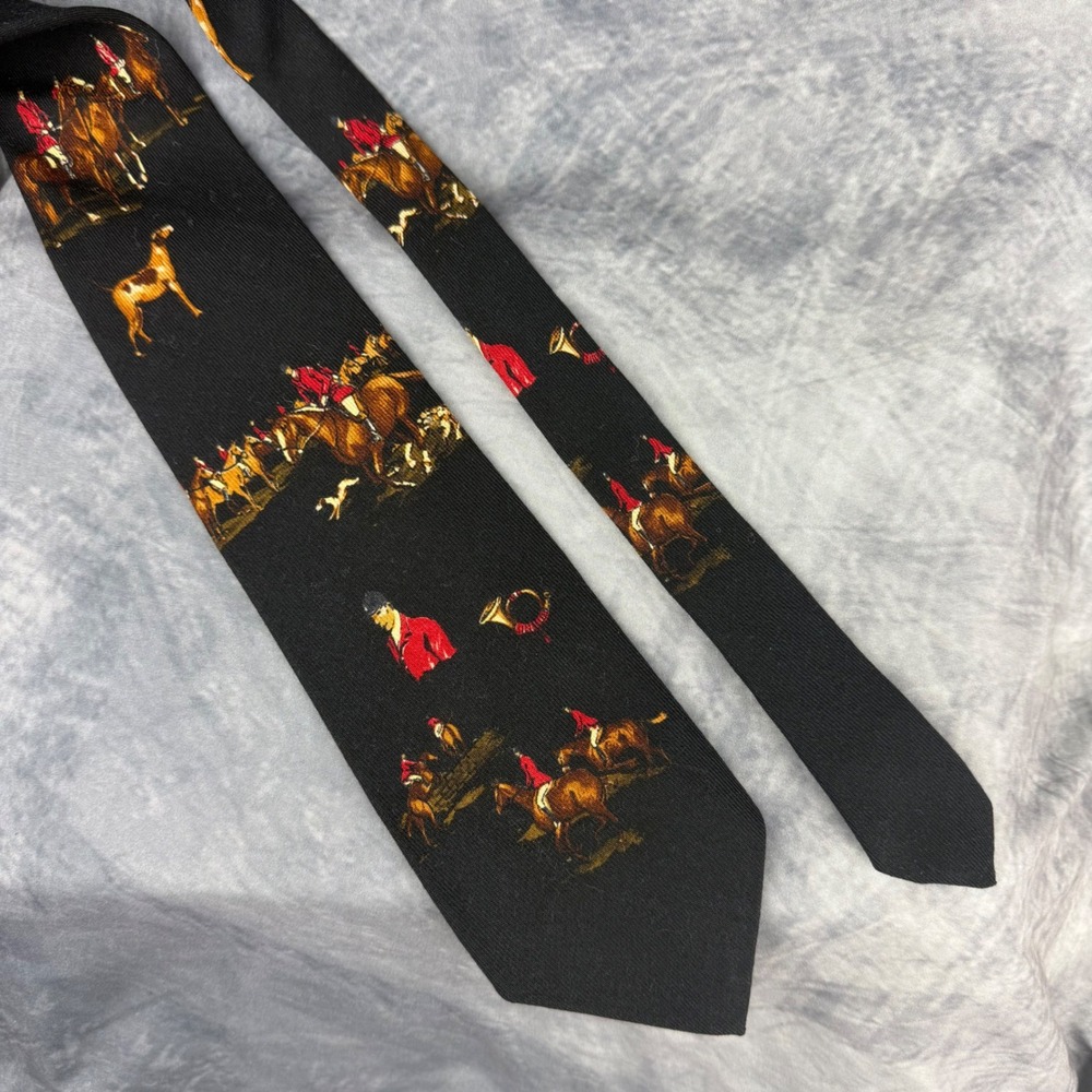 Polo Ralph Lauren Mens Black Wool Fox Hunt Equestrian Print Tie Made in USA